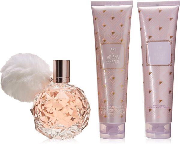 Gift Set of 3 Pc Ari EDP Spray (100ml) Body Location (100ml) & Bath and Shower Gel (100ml) for Women by Ariana Grande